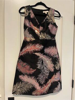 Etcetera Black Midi Dress with Pink and Gold Feather Print